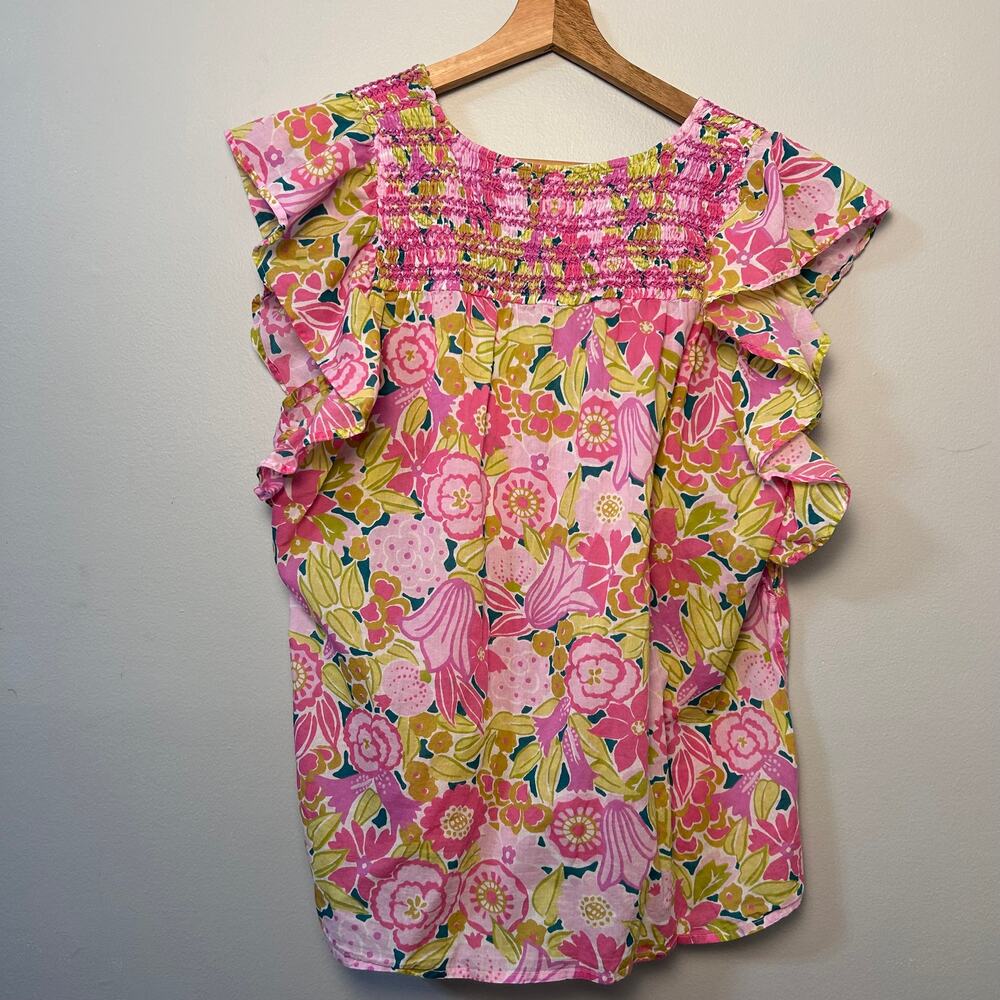 Banjanan Cotton Top Blouse Ruched Smocked Pink Green Floral Anthro Shirt XL - Picture 2 of 5